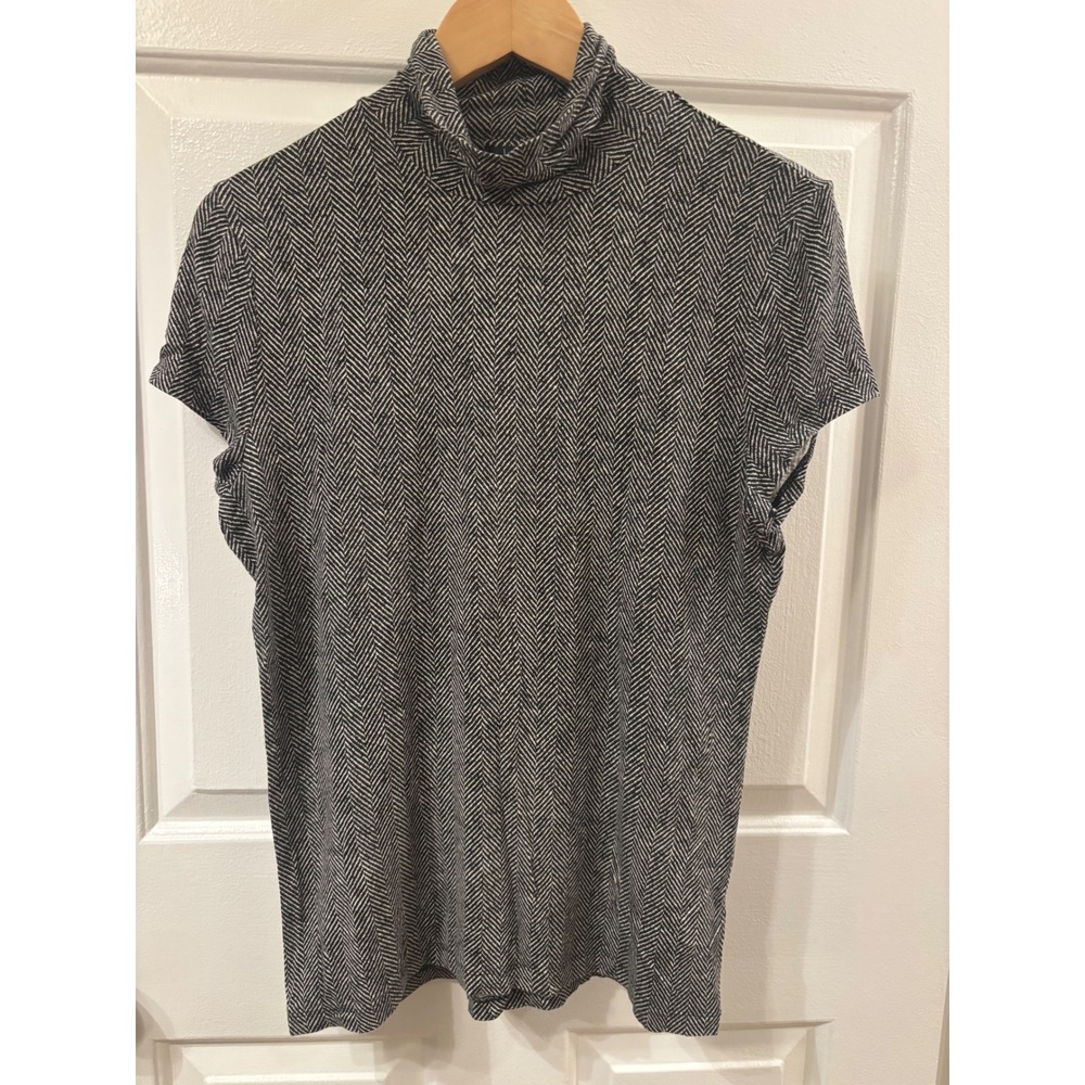 Lauren Ralph Lauren Herringbone Mock Neck Top Black White Short Sleeve Large